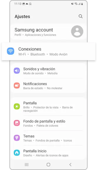 Android Settings with the Connections entry highlighted