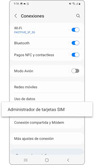 Android Connections screen with SIM manager highlighted