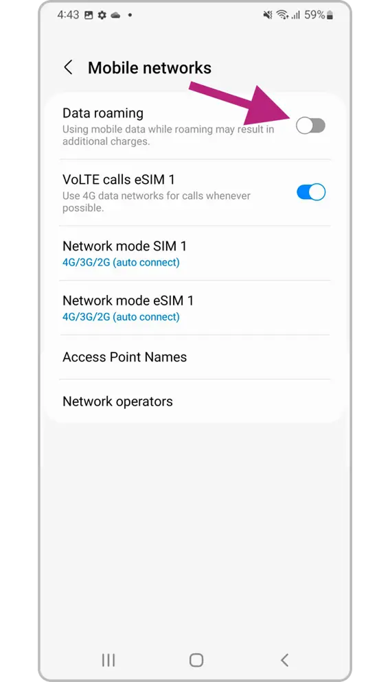 Android Mobile networks screen with the Data roaming toggle