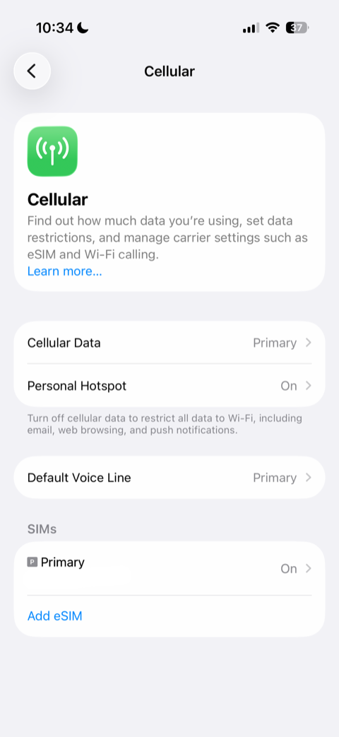 iPhone Cellular settings with the Add eSIM option