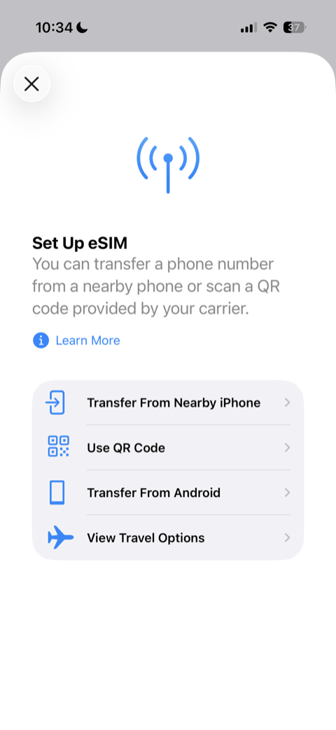 iPhone Set Up eSIM screen listing Use QR Code