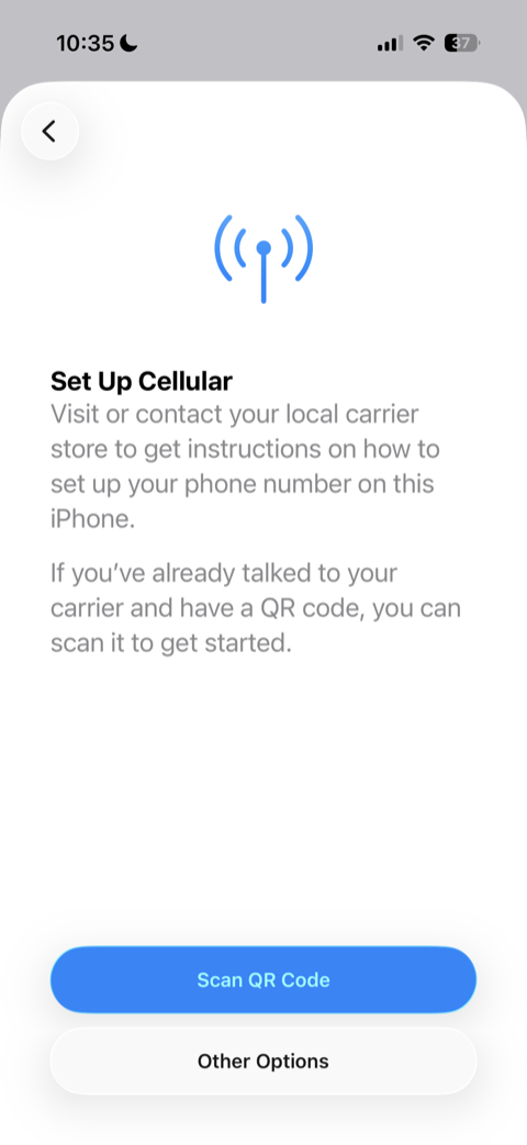 iPhone Set Up Cellular screen with a Scan QR Code button