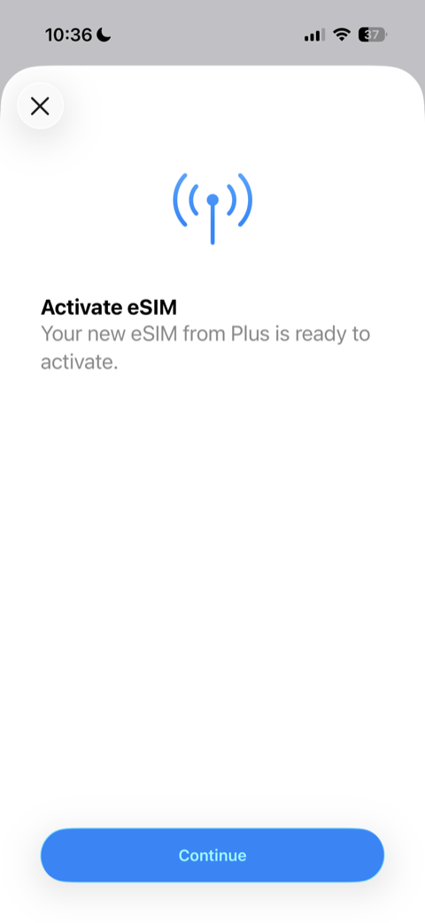 iPhone Activate eSIM screen with a Continue button