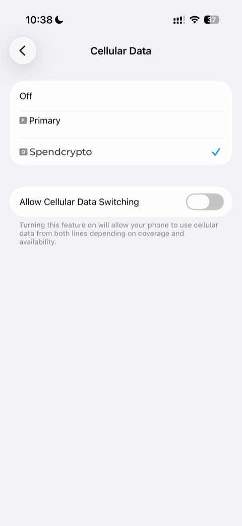 iPhone Cellular Data screen with the SpendCrypto eSIM selected