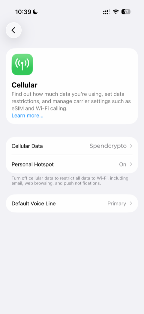 iPhone Cellular screen showing Cellular Data set to the SpendCrypto eSIM